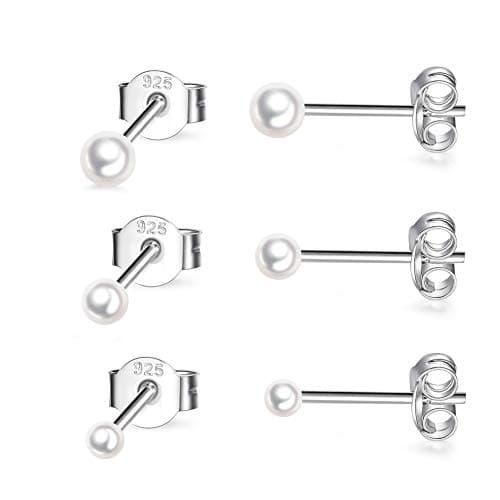 Image of CERSLIMO 3 Pairs Sterling Silver Stud Earrings Tiny Pearl Stud Earrings for Women Set Cartilage Small Tragus Earrings for Sensitive Ears(2mm,3mm,4mm)