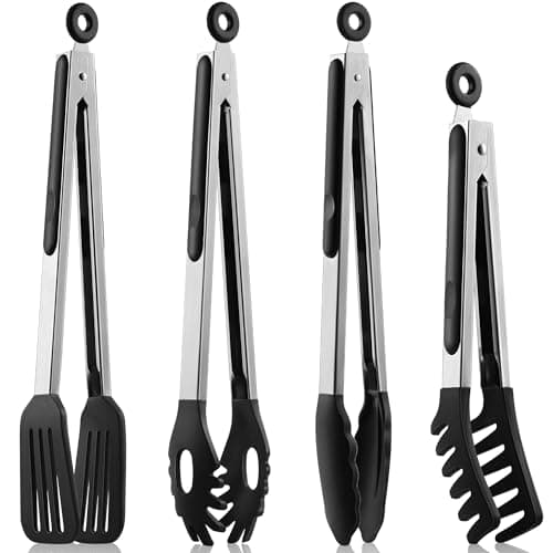 Image of 4 PCS Kitchen Tongs for Cooking, 9 & 12-Inch Silicone Tong Heat Resistant Pasta Tong Stainless Steel Spaghetti Tongs with Silicone Tips for Serving Food, Spaghetti, Pasta, BBQ, Salad (4PCS)