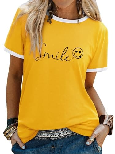 Image of Dresswel Womens T-Shirt Cute Funny Smile Face Graphic Print Tee Shirts Summer Tops(Yellow, 2XL)