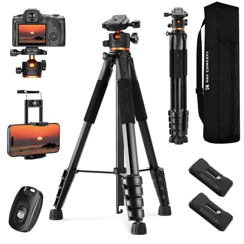 Image of K&F CONCEPT 75 inch Camera Tripod, Lightweight Travel DSLR Tripods with 360 Degree Ball Head Load Capacity 8kg/17.6lbs, Phone Clip and Remote Control for Smartphone S255A3+BH-36
