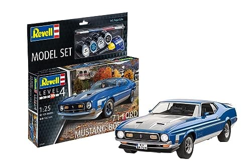Image of Revell Model Set 67699 71 Mustang Boss 351 1:25 Scale Unbuilt/Unpainted Plastic Model Kit with Contacta Professional Glue, Paintbrush & Selected Aqua Color Paints
