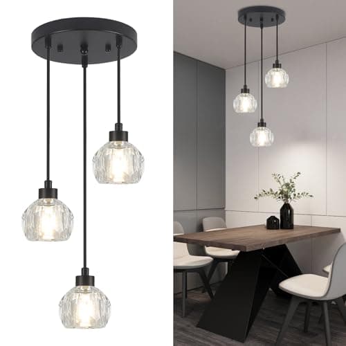 Image of WTUOING Black Pendant Light 3 Lights Ceiling Hanging Pendant Light, Adjustable Height Modern Crystal Pendant Lighting, G9 Dining Room Lights Hanging Lamp for Kitchen Island Living Room Bedroom