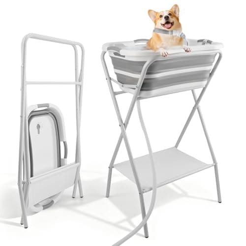 Image of 2 in 1 Foldable Dog Bathtub Washing Station, Elevated Pet Bath Tub with Drain, Large-Capacity Bathtub & Multi-Functional Clothes Drying Rack, for Small to Medium Dogs/Cats Shower & Grooming