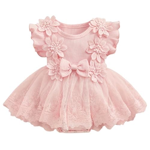 Image of imKutie Baby Girl Romper Dress, Newborn Infant Flower Lace Embroidery Ruffle Boho Princess Dresses Half 1st Birthday Gift Cake Smash Outfits Photoshoot Clothes 0-18 Months Pink
