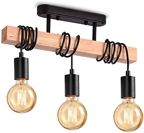 Image of Lightess Industrial Wood Pendant 3-Head Adjustable Chandelier Vintage Semi Flush Ceiling Light - Living Room, Kitchen, Dining Room - Black Hanging Light