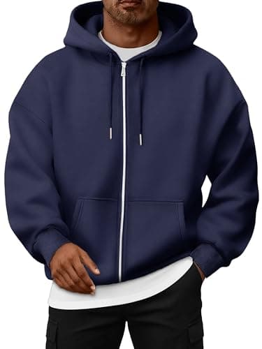 Image of Oyamiki Men's Zip Hoodie Long Sleeve Fleece Lined Hoodies Fall Warm Jackets Casual Comfortable Hooded Sweatshirt Navy Blue L