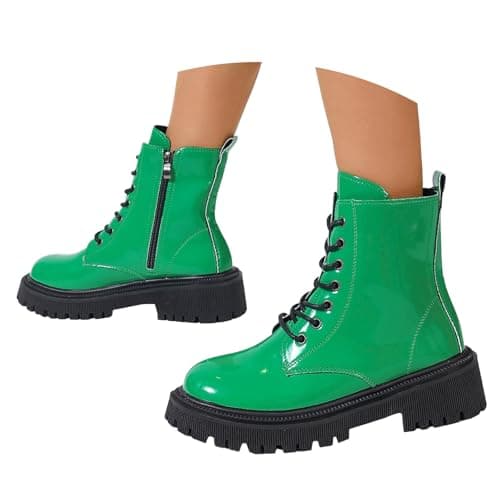 Image of UK 7 Ankle Boots for Women Patent Leather Platform Lug Sole Combat Booties Lace up Low Block Chunky Heel Side Zipper Fall Winter Black Military Boot Shoes Stylish Green Footwear Gift