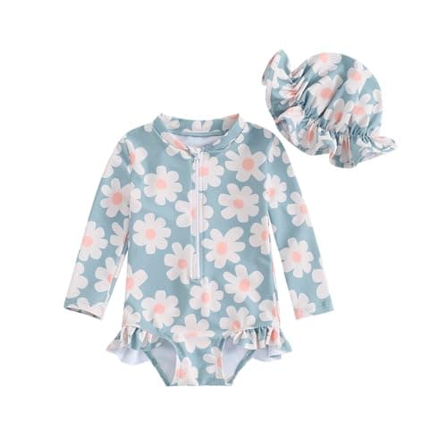 Image of DivingBirds Baby Girls Swimming Costume, Toddler Girls Swimsuit with Sun Hat Infant Swimwear Blue for 2-3 Years