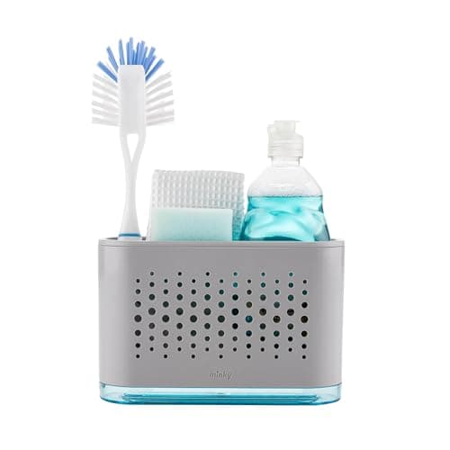 Image of Minky Slimline Sink Tidy, Sink Caddy with Removable Drip Tray, Kitchen Storage Organiser, Brush and Sponge Holder, Cleaning Kitchen Organiser, Made in The UK (Light Grey)