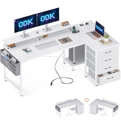 Image of ODK Corner Desk with Drawers, L Shaped Computer Desk 160x80cm with USB Charging Port & Power Outlet, Home Office with Monitor Stand and PC Stand, Gaming Desks Workstations, White