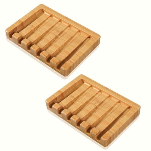 Image of 2 PCS Wooden Soap Dish Bamboo Wood Soap Tray Waterproof Self Draining Soaps Dish Wooden Holder Bamboo Dishes for Shower Natural Dishes for Bar Soaps Bathroom Kitchen