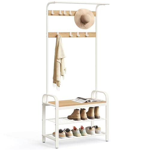 Image of VASAGLE Coat Rack, Coat Stand with Shoe Storage Bench, 4-in-1 Design, with 9 Removable Hooks, a Clothes Rail, for Hallway, Entrance, 34 x 72 x 183 cm, Industrial, Oak and Cream HSR40W