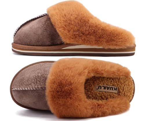 Image of KuaiLu Womens Plush Slippers Ladies Cozy Memory Foam Mule Winter Slippers Slip on Cushion Slider Slippers with Non-Slip Indoor Outdoor Light Hard Sole Light Brown Size 5