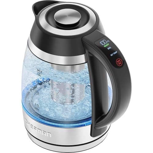 Image of Chefman Electric Kettle for Boiling Water, 1.8L 1500W, Hot Water in 3 Minutes, LED Lights, Auto Shut-off, Boiling and Drying Protection, Glass Electric Kettle (Temperature Control)