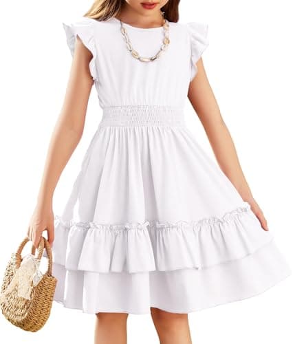 Image of Arshiner Girls Dresses Flutter Sleeve Kids Summer Cotton Casual A-Line Dress Girdle Tiered Swing Festive Dress for Girls 7-8 Years White