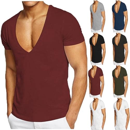 Image of Men's Deep V-Neck T-Shirts UK Sale Clearance Man Short Sleeve Tops Workout Tees Gym Fitness Tshirts Slim Fit Training Undershirts Solid Color Blouse Muscle Wicking T Shirt Summer Sports Top Activewear