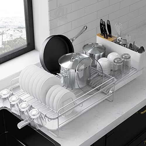 Image of Kitsure Dish Drainer Rack - Extendable Dish Drainer, Multifunctional Dish Rack for Kitchen Counter, Anti-Rust Draining Board Rack with Cutlery & Cup Holders, 67.8cm x 32.7cm x 14.9cm, White