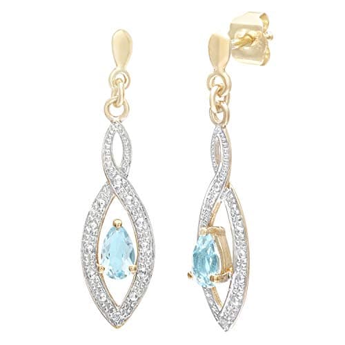 Image of 9ct Yellow Gold Earrings – Diamond Twist Blue Topaz Drop Women’s Earrings - by Elegano