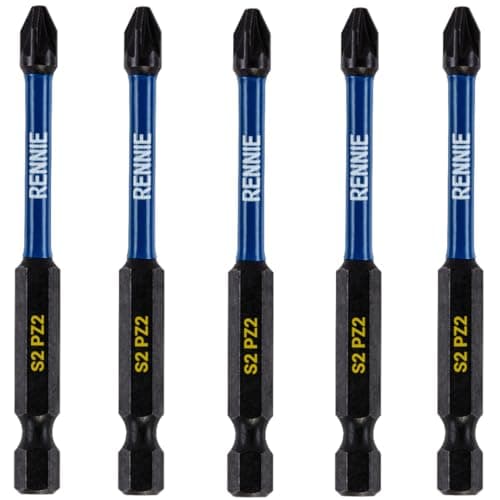 Image of 5 x Rennie Tools 75mm Long PZ2 Impact Screwdriver Driver Bits Set. Heavy Duty PoziDriv POZI No.2 Magnetic Screwdriver Bit Set. PZ2 Impact Driver Bits Pozidrive Screw Accessories. Black Oxide Coated