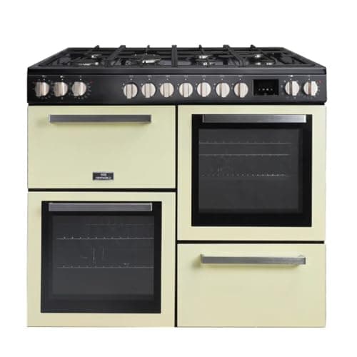 Image of Tesla Dual Fuel Cooker - Freestanding Cream, A/A/A Energy, 7-Burner Gas Hob, 100cm Double Cavity, 62L & 62L Ovens, Easy Clean Enamel, LED Timer, (T100MCDFRCC)
