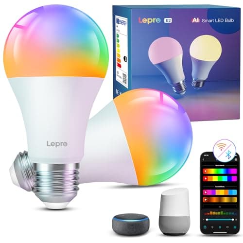 Image of Lepro AI Smart Bulb E27, 1100LM Music Sync WiFi Bulb, Voice Control Screw Light Bulbs, Personalized AI Lighting Designer, Colour Changing Bulb, Work with Alexa & Google Assistant, 2 Packs
