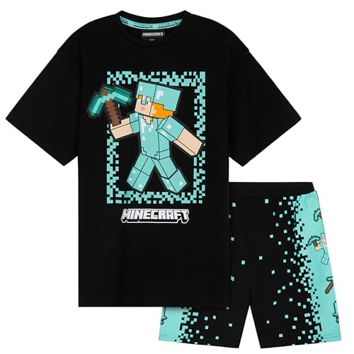 Image of Minecraft Pyjamas Set for Boys & Teens 5-14 Years, Short Cotton PJs, Half-Sleeve Soft T-Shirt & Bottoms, Gamer Gift for Boys (Black/Blue, 13-14 Years)
