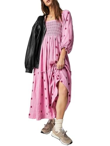 Image of Acrawnni Women's Pink Floral Embroidered Maxi Dress, Size S, Square Neck, Long Sleeves, Midi Length, Casual Dress for Adult Women