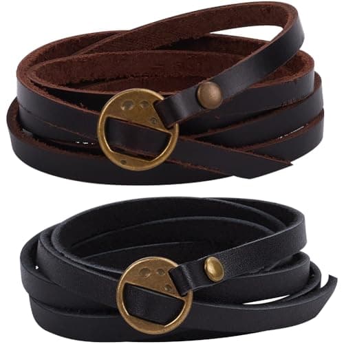 Image of GORGECRAFT 2Pcs Cowhide Womens Black Leather Wrap Bracelet Stackable 5 Wrap Around Circle Genuine Leather Boho Vintage Punk 6mm Wristlet Cuff Long Strap Bracelets for Women Bracelet Handmade Jewelry