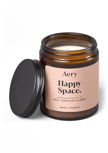 Image of Aery Happy Space Glass Jar Soy Wax Candle - Rose, Geranium & Amber with 100% Plant Based Wax & 30 Hour Burn Time