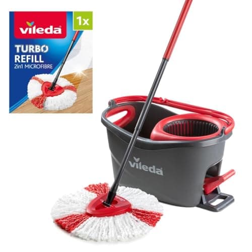 Image of Vileda Turbo 2in1 Spin Mop & Bucket Set with Foot Pedal | Telescopic Handle (Up to 123cm) & 2in1 Microfibre Mop Head with Extra 2-in-1 Refill | Powerful Cleaning Removes 99% of Dirt with Water