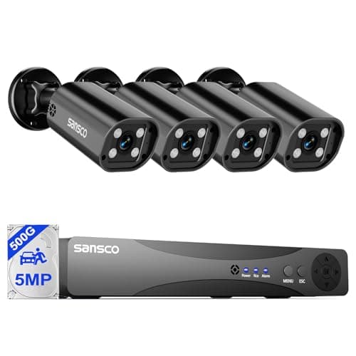 Image of SANSCO 2-Way Audio, 3K Color Night Vision, 4CH DVR Wired CCTV Camera System with 500GB Hard Drive 24/7 Recording, 4 x 5MP Home Security Bullet Camera Outdoor, Face/Human/Vehicle Detection, APP Alert