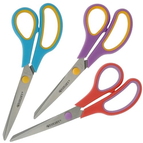 Image of Westcott Easy Grip Scissors 3-Piece Set | Universal Scissors with Comfort Grip | Extra Sharp & Durable Stainless Steel Blade | Set of 3 in Red, Turquoise, Purple