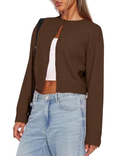 Image of Balimtoy Women's Cropped Cardigan Sweaters Long Sleeve Button Down Sweaters Knit Cardigan Cute Y2k Open Front Crop Top, Brown, XL