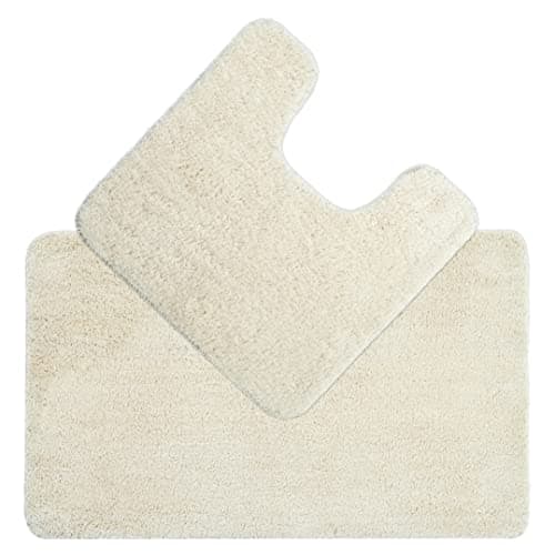 Image of Allure Luxury Two Piece Bath & Toilet Mat Set, Non-Slip, Deep Pile Soft & Absorbent Microfibre, Quick Dry, Easy Care (Cream)