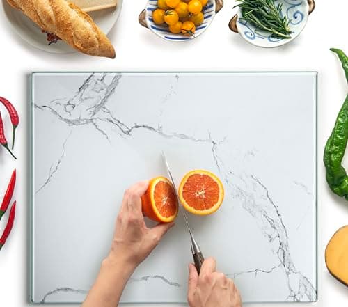 Image of Kitchenville Glass Chopping Board 50x40 cm: Tempered Glass Worktop Savers for Kitchens, Durable, Scratch-Resistant, Heat-Proof - White Marble Effect