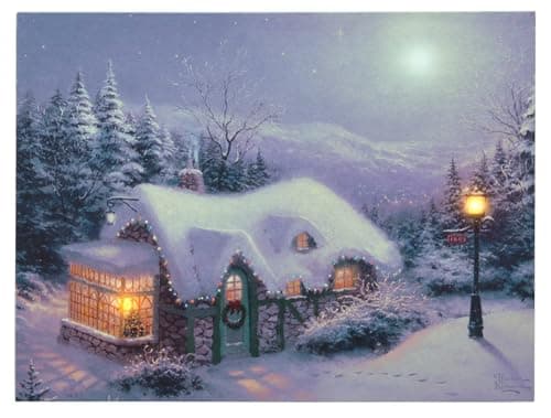 Image of Mark Feldstein & Associates Thomas Kinkade Silent Night Pre Lit LED and Fiber Optic Canvas Holiday Artwork, 16 x 12