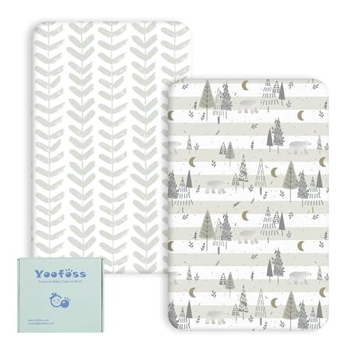 Image of Yoofoss Travel Cot Sheets 95 x 65cm - Fitted, Cozy & Breathable Mattress Sheets - Elasticated 2 Pack Grey Forest