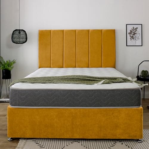 Image of Living Comfort Bedz Mansfield Divan Bed Set with 26” Headboard & Orthopedic Mattress | Plush Velvet Fabric | Multiple Drawer Options(Mustard,4FT Small Double No Drawer)