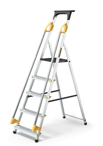 Image of DRABEST PRO SERIES 5 Step Ladder Folding - Aluminum Folding Ladder - Lader with Safety Handrails & Work Platform - Stepladders 5 tread - Capacity 150 KG - Multi-Purpose Ladders - 45x170x12cm