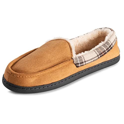 Image of Polar Mens Memory Foam Duel Size Moccasin Loafer Outdoor Durable Rubber Sole Cozy Faux Fur Plush House Slipper - Tan Suede - UK8-9/EU42-43 - EA0633