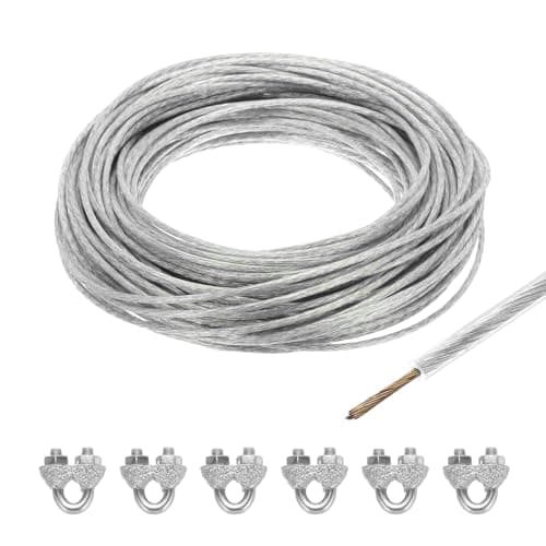 Image of Sourcing Map 3mm Clear Vinyl Coated Steel Wire Rope, 30m/98ft with 6x M3 Loop Sleeves for String Lights, Deck Railing, Garden Wire