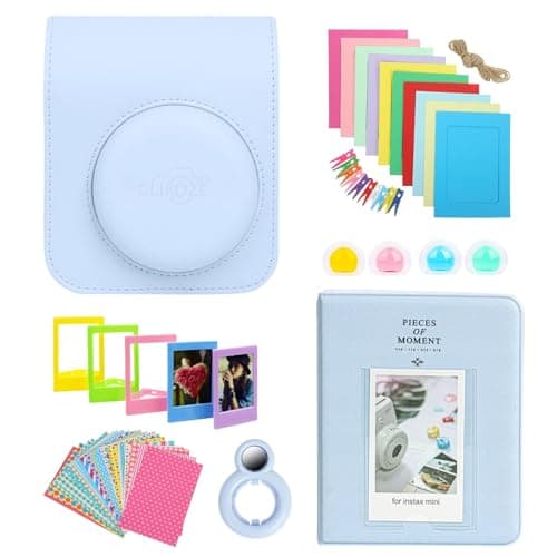Image of Clikoze Instant Camera Accessories Bundle - Includes Camera Case Compatible With Fujifilm Instax Mini 12, Mini Album Book, Selfie Mirror, Film Stickers x20, Colour Filters and More (Pastel Blue)