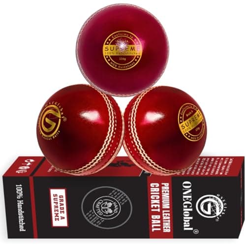 Image of ONEGlobal Supreme Genuine Leather Cricket Ball | 4-Piece Handstitched Cricket Balls | Match Quality Hard Cricket Balls (Seniors 5.5oz, 3-Red)