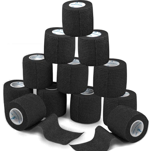 Image of ANAMPION 12 Rolls Self-Adhesive Football Sock Tape 5cm x 4.5m Self Adherent Cohesive Bandages Wrap First Aid Athletic Sports Tape for Wrist Ankle Pet & Vet Wrap for Dogs, Horse (Black)