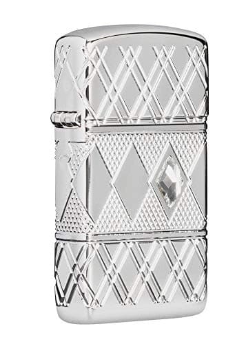 Image of ZIPPO – Windproof Lighter, Diamond Pattern Design, Emblem Attached / 360° Multi Cut, Slim Armor® High Polish Chrome, Refillable, In Gift Box