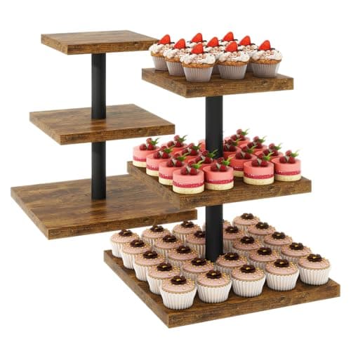 Image of IBUYKE 3 Tier Cupcake Stand,Set of 2,Wood Durable Cupcake Tower,Square Serving Display Stand,Dessert Tree Tower for Birthday,Home Party, Wedding, Baby Shower,Rustic Brown TLJ014H-2