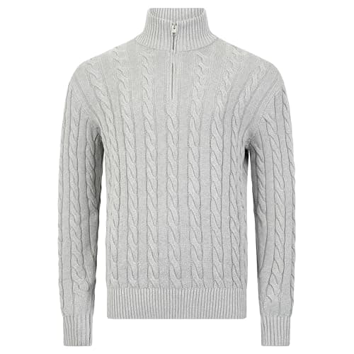 Image of SPIRIT OF ESSEX Mens Quarter Zip Cotton Jumper – Soft Cable Knitted Pullover Sweater, Classic Casual Knitwear for Autumn & Winter (UK, Alpha, L, Regular, Regular, Grey)