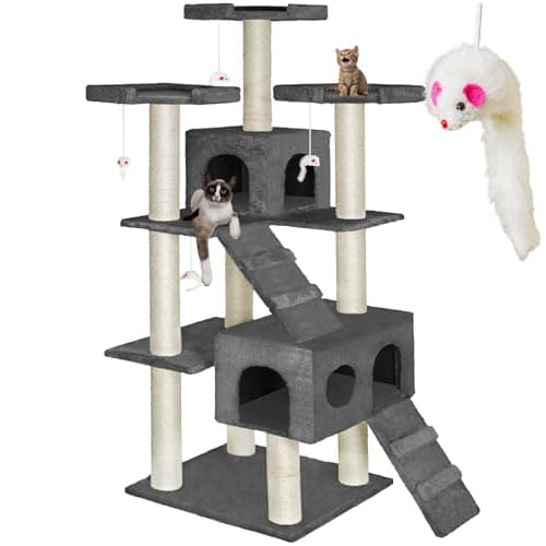 Image of tectake® Cat Tree with Multiple Levels, Sisal Scratching Posts, Stable Footing, 2 Cosy Houses, 3 Tall Perches, 2 Ladders & Playful Toy Mice - 186 cm Cat Tower for Cats & Kittens - Anthracite