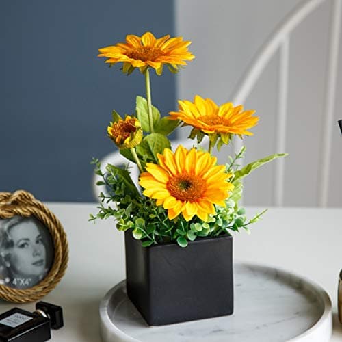 Image of NAWEIDA Artificial Sunflower Flowers in Pot, Faux Yellow Daisy Arrangement with Black Square Vase, Fake Plants for Home Office Table Decor, Wedding Party Decoration