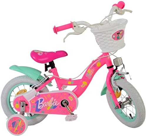 Image of Volare Mattel Barbie Pink Kids Bike | Ideal for Ages 3-4 | 12 Inch Wheel | 2 Handbrakes (Front & Back), Removable Stabilisers & Pedal Reflectors | Adjustable Height | Handlebar Basket | Gift for Girls